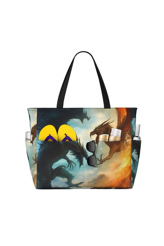 Red And Blue Flame Wave Dragon for versatile beach bag for women includes zipper pockets and waterproof material, ideal for vacations and adventures.