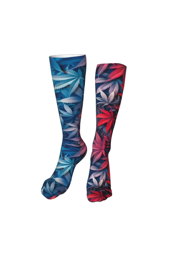 Red And Blue Leaves Print Calf Socks Seamless Toe, Knee High Long Socks, Sports Socks Trouser Socks for Women and Men-One Size