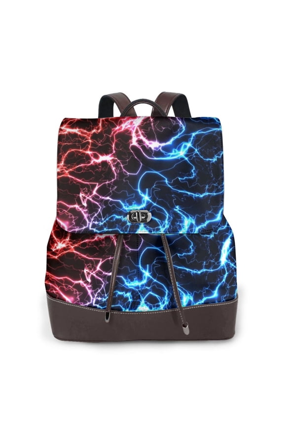 Red And Blue Lightning Print Large Backpack Soft Leather for Women Travel with Compartment, Adjustable Convertible Strap