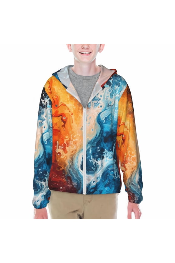 Red And Blue Waves Print Fishing Shirts for teenager Long Sleeve UV Sun Protection Hoodie with Zipper Outdoor Hiking Shirts-XX-Large