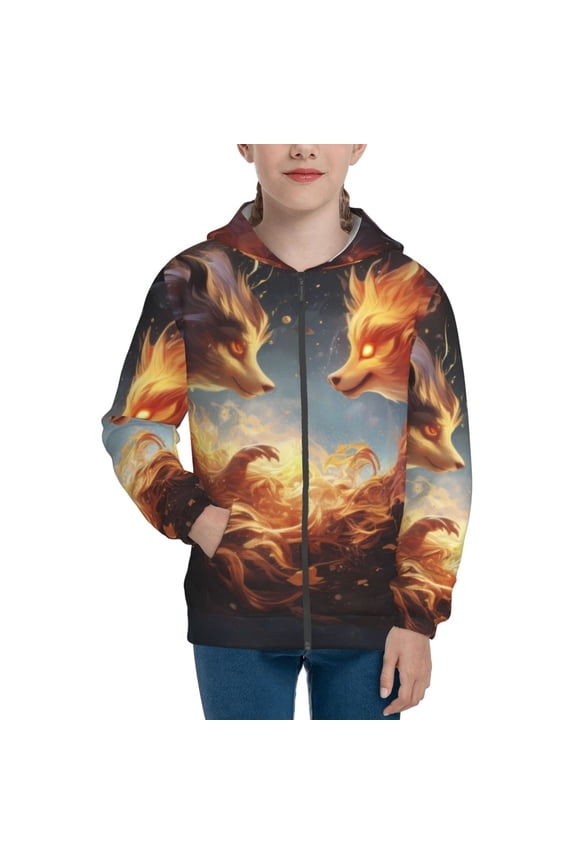 Red And Gray Flame Fox Pattern Zip Up Hoodies for Boys Girls, Sweatshirt with Pockets-Small