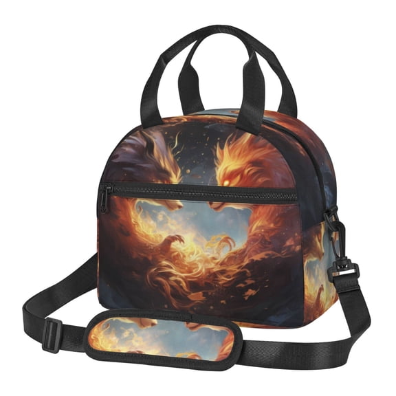 Xecao Red And Gray Flame Fox Print Insulated Lunch Box, Lunch Cags Lunch Bag Featuring An Adjustable Shoulder Strap