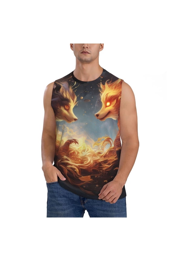 Red And Gray Flame Fox Print Men's Tank Top: Sleek Sleeveless Tee for Casual Sports and Beach Occasions-Medium