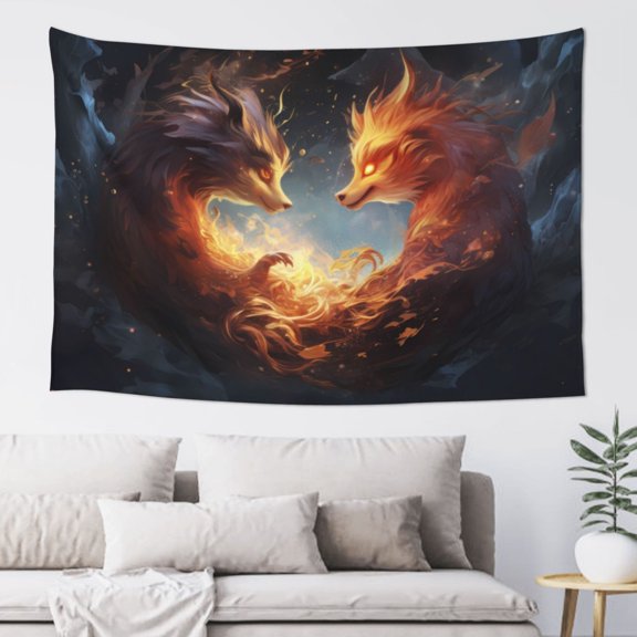 Xecao Red And Gray Flame Fox Print Tapestry, Wall Hanging Room Funny Decor, Backdrop Room Decor for Bedroom Living Room dormitory
