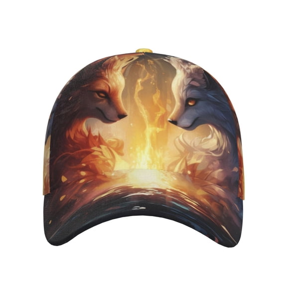 Xecao Red And White Flame Fox for Baseball Cap: Unisex, crafted from classic polyester twill fabric, featuring a soft unconstructed design