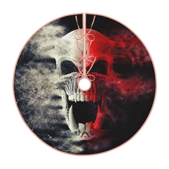 Xecao Red And White Screaming Demon Skull Pattern Christmas Tree Skirt Round Xmas Tree Mat Base Cover for Holiday Home Decorations-30"