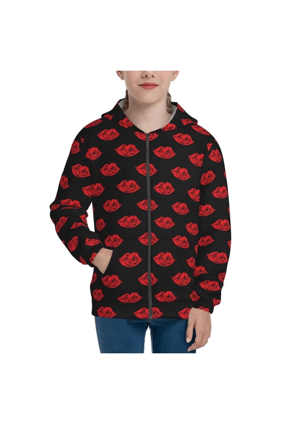 Red Beautiful Lips Pattern Zip Up Hoodies for Boys Girls, Sweatshirt with Pockets-Medium