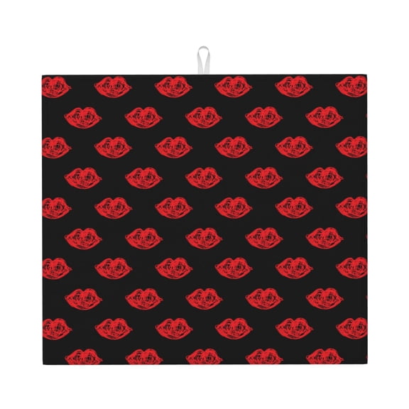 Xecao Red Beautiful Lips Print Dish Drying Mat for Kitchen Counter,Absorbent Coffee Bar Mat, Dish Drainer Rack Mats,Dining Room Decoration