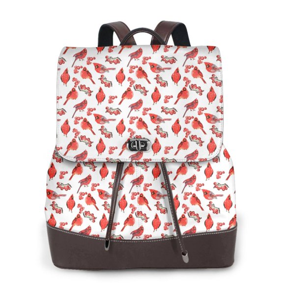 Xecao Red Birds Print Large Backpack Soft Leather for Women Travel with Compartment, Adjustable Convertible Strap