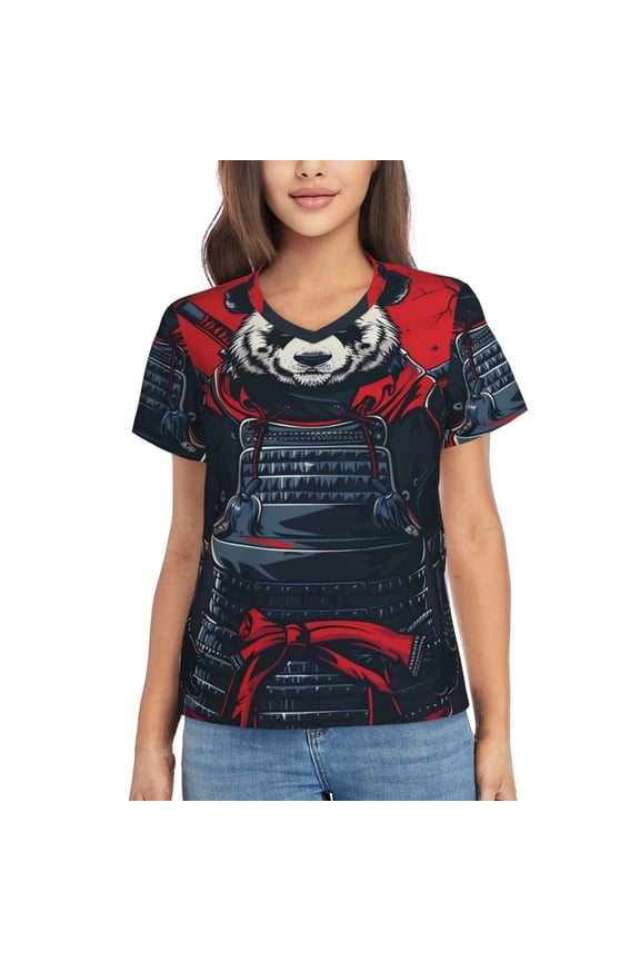 Red Black Eastern Panda Warrior for Women's V-Neck T-Shirts-Elegant Half-Sleeve Tops Perfect for Summer-Medium