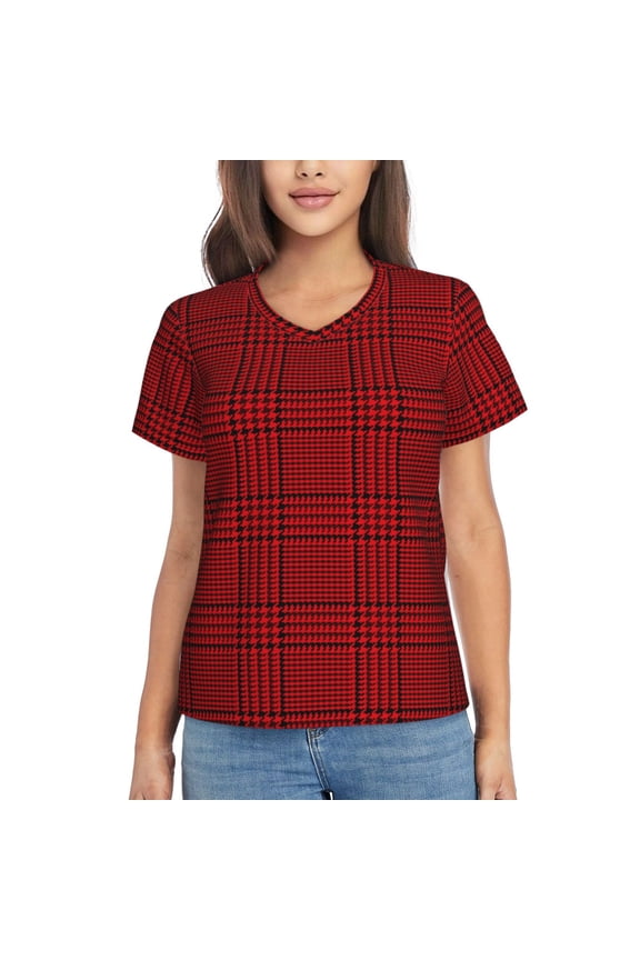 Red Black Houndstooth for Women's V-Neck T-Shirts-Elegant Half-Sleeve Tops Perfect for Summer-Small