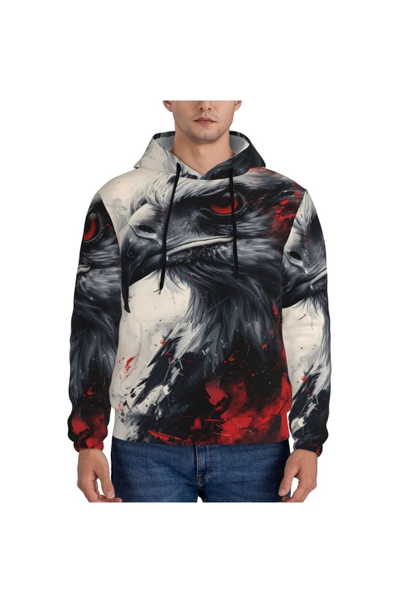 Red Black Ink Style Bald Eagle Pattern Men's Adult Pullover Hoodie,Hooded Sweatshirt-X-Large