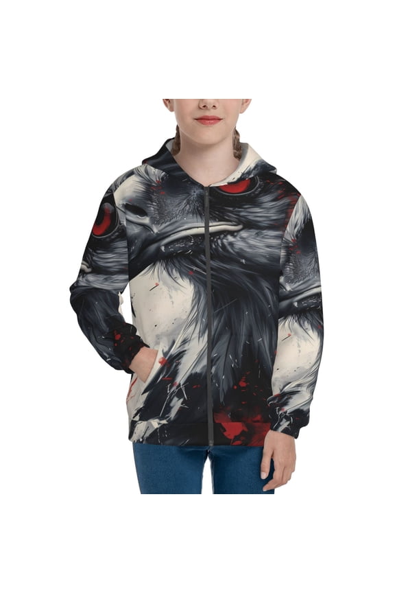 Red Black Ink Style Bald Eagle Pattern Zip Up Hoodies for Boys Girls, Sweatshirt with Pockets-Medium