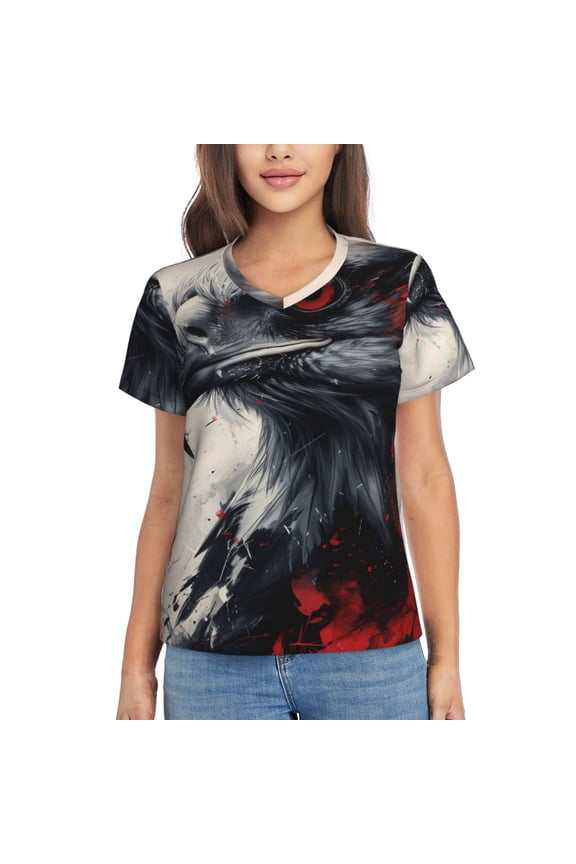 Red Black Ink Style Bald Eagle for Women's V-Neck T-Shirts-Elegant Half-Sleeve Tops Perfect for Summer-Medium