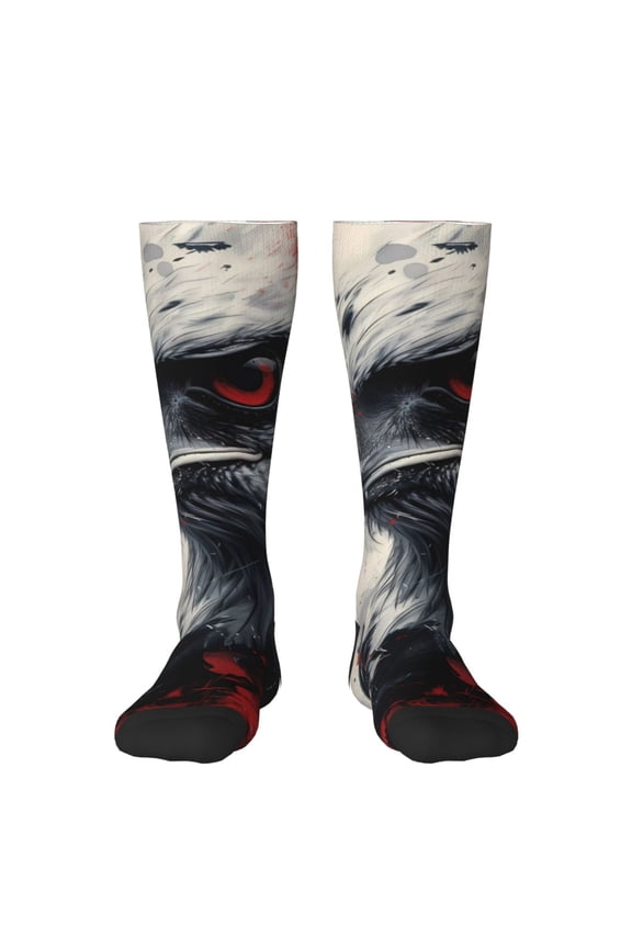 Red Black Ink Style Bald Eagle print thigh-high socks, crafted for both men and women with a stretchy, high-opaque design perfect for daily wear