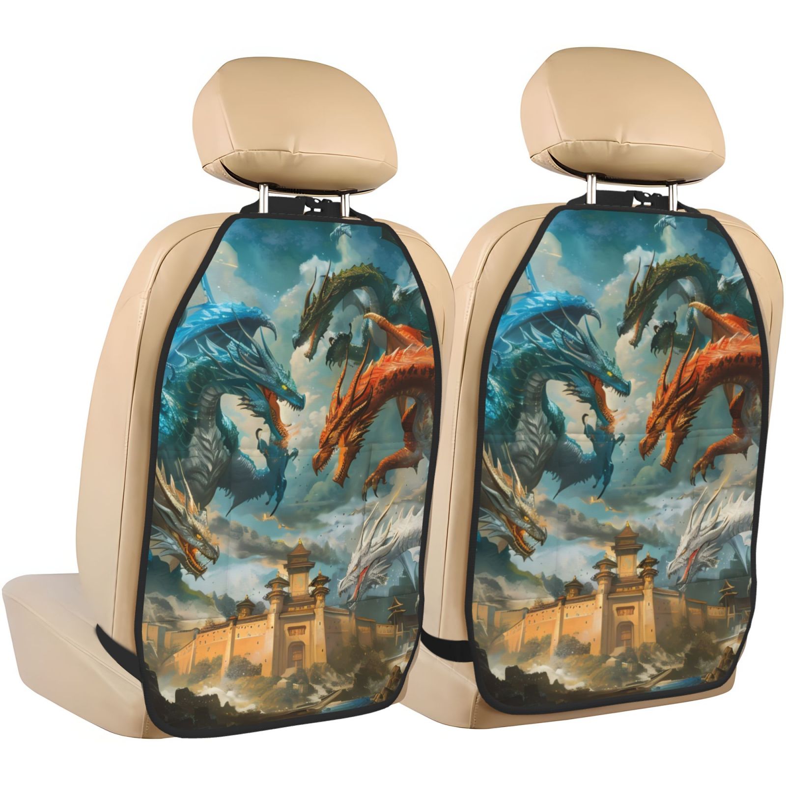 Xecao Red Blue Dragon Battle Epic Pattern Car Seat Back Protector 2 Pack Large Capacity Pocket, Kick Mats Back Seat Protector
