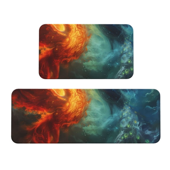 Xecao Red And Blue Fire Peacock Patten Kitchen Rugs and Mats Sets,2 Pieces Non-Slip Washable Rugs, Kitchen Mat for Floor,Suit for Kitchen Decor and Accessories