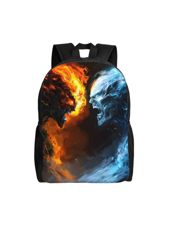 Red And Blue Fire Skull Warrior Print School Backpack with Laptop Compartment Small Travel Laptop Backpack for Women Men Waterproof College Backpack Simple School Bag