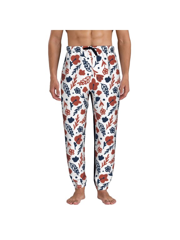 Red Blue Leaves Print Active Tech Joggers for Men, Mens Sweatpants Lounge Pants with Pockets-3X-Large
