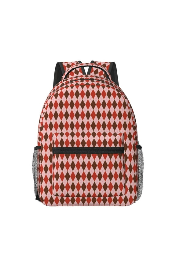 Red and Brown Squares Travel Backpack: A spacious, stylish computer backpack ideal for men and women, perfect for college, school, or daily travels