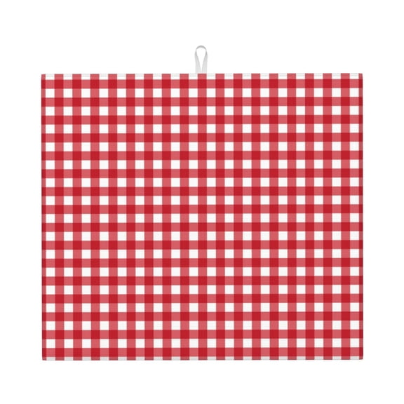 Xecao Red Checkboard Print Dish Drying Mat for Kitchen Counter,Absorbent Coffee Bar Mat, Dish Drainer Rack Mats,Dining Room Decoration
