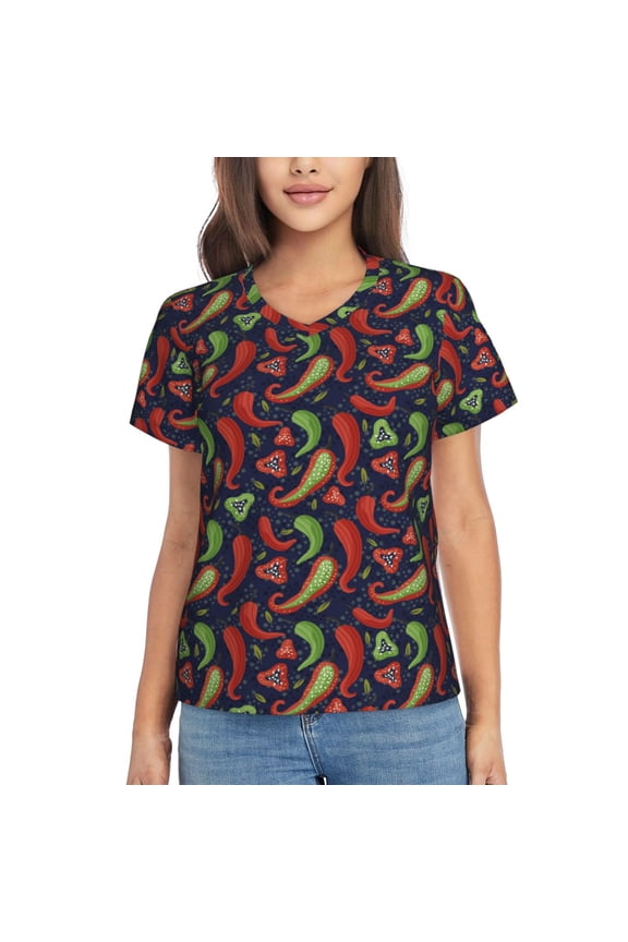 Red Chili for Women's V-Neck T-Shirts-Elegant Half-Sleeve Tops Perfect for Summer-Medium