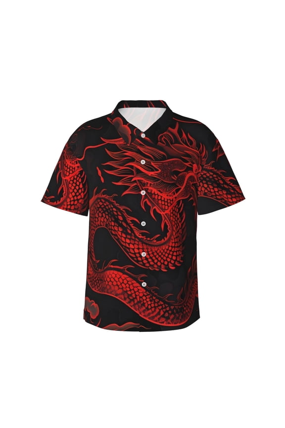 Red Dragon On Black Print Hawaiian shirt - A Stylish Short-Sleeve Button-Down for Men, Perfect for Casual Beach and Tropical Outings.,Medium