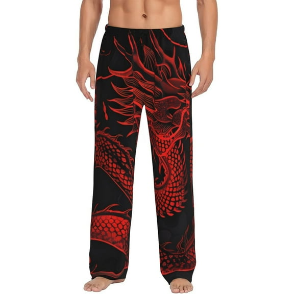 Xecao Red Dragon On Black Print Men's Straight Lounge Pajama Pants - The Ultimate in Comfortable Sleepwear-