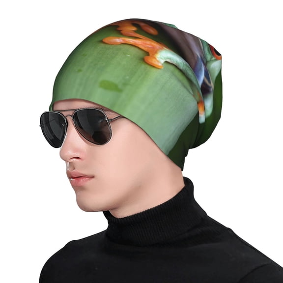 Xecao Red-Eyed Tree Frog Print Beanie Knitted Hat for Men Women, Winter Fashion Knit Cuffed Caps Unisex