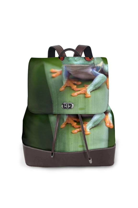 Red-Eyed Tree Frog Print Large Backpack Soft Leather for Women Travel with Compartment, Adjustable Convertible Strap