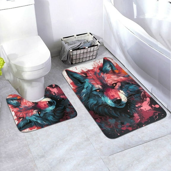 Xecao Red Flame Wolf Head 2-Piece Vintage Seamless Anti-Skid Mat Set, featuring a stylish pattern for a safe and elegant toilet rug experience