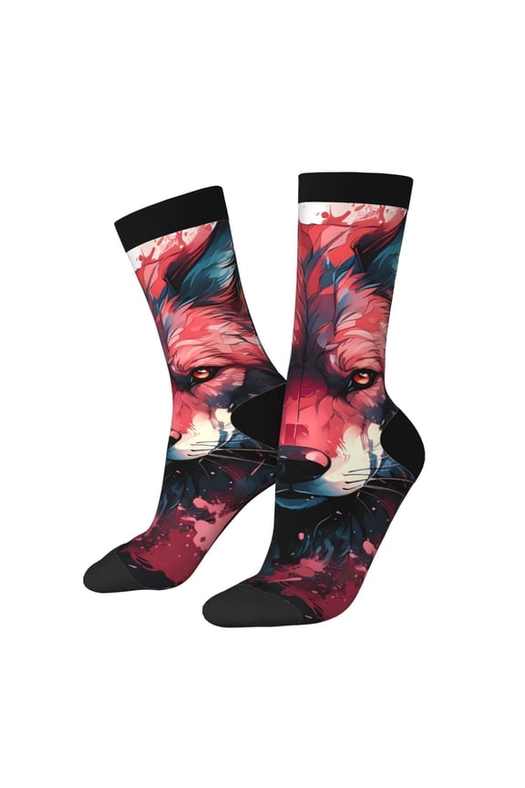 Red Flame Wolf Head Pattern Sport Socks for Women and Men Crew Socks Sporty Calf Socks Casual Socks