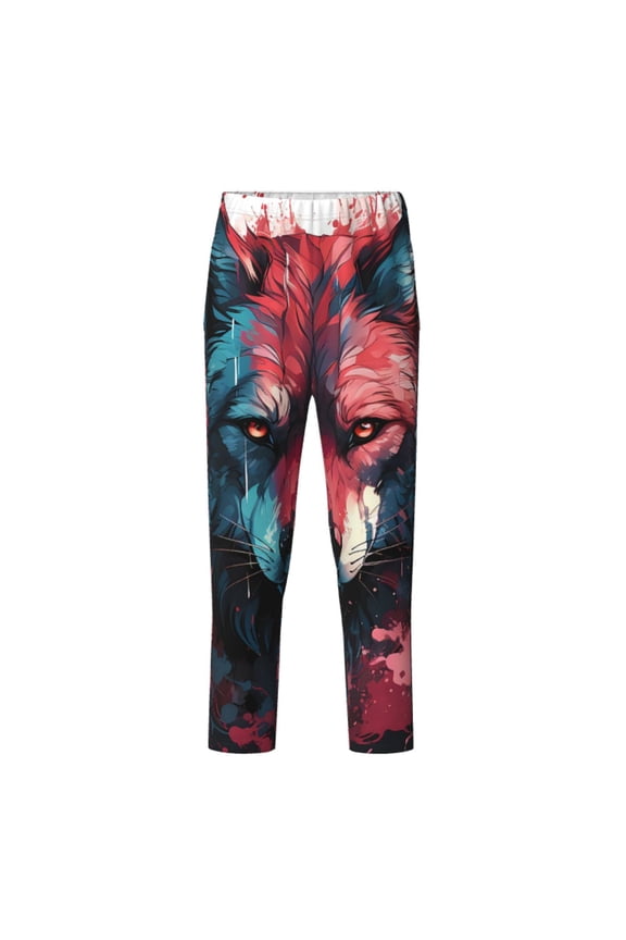 Red Flame Wolf Head Print Teenagers' Pajama Pants Long Sleep Pants Soft Elastic Waist Pajama Bottoms Elastic waist with 2 Pockets 5-16 Years-XS(5-6)