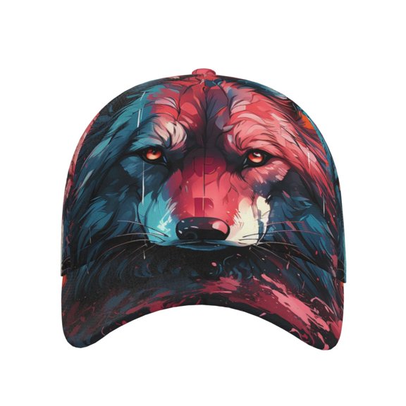 Xecao Red Flame Wolf Head for Baseball Cap: Unisex, crafted from classic polyester twill fabric, featuring a soft unconstructed design