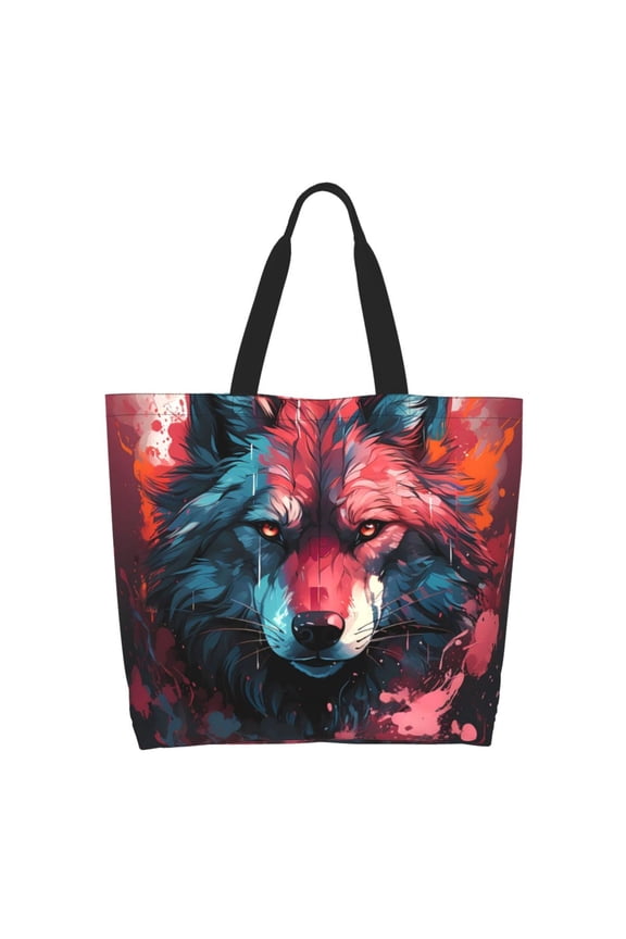 Red Flame Wolf Head for Tote Bag for Women, Tote Shoulder Bag with a littlw pocket and Handbag for Travel, Work