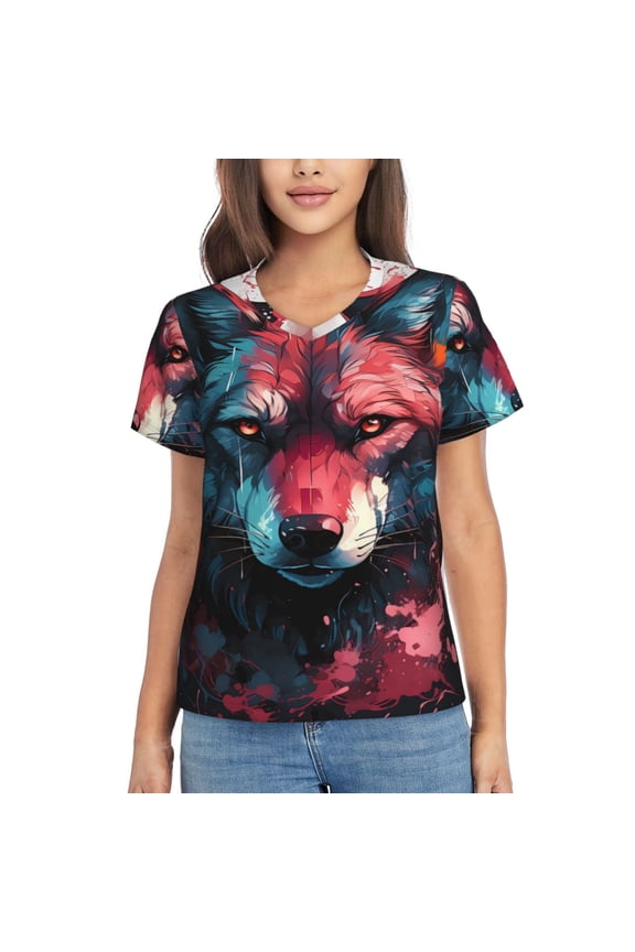 Red Flame Wolf Head for Women's V-Neck T-Shirts-Elegant Half-Sleeve Tops Perfect for Summer-X-Large