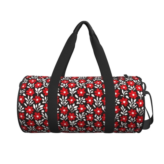 Xecao Red Floral print Round Travel Duffel Bag is a foldable gym bag with an inner pocket, perfect for travel sports