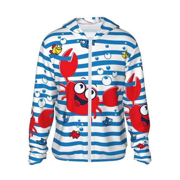 Xecao Red Funny Crab on Blue Stripe for Sun Shirt-A lightweight, hoodie-style long-sleeve UV protection garment designed for other outdoor activities.