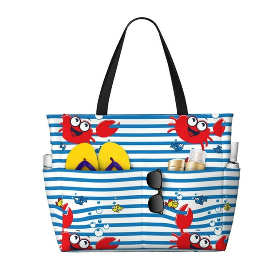 Xecao Red Funny Crab on Blue Stripe for versatile beach bag for women includes zipper pockets and waterproof material, ideal for vacations and adventures.