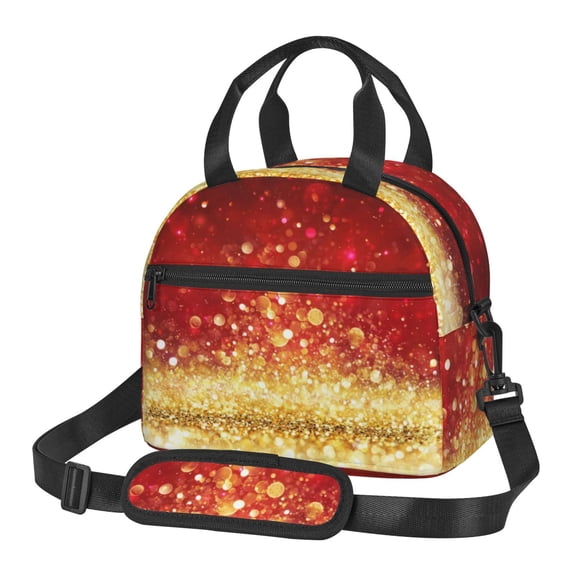 Xecao Red Gold Glitter Print Insulated Lunch Box, Lunch Cags Lunch Bag Featuring An Adjustable Shoulder Strap
