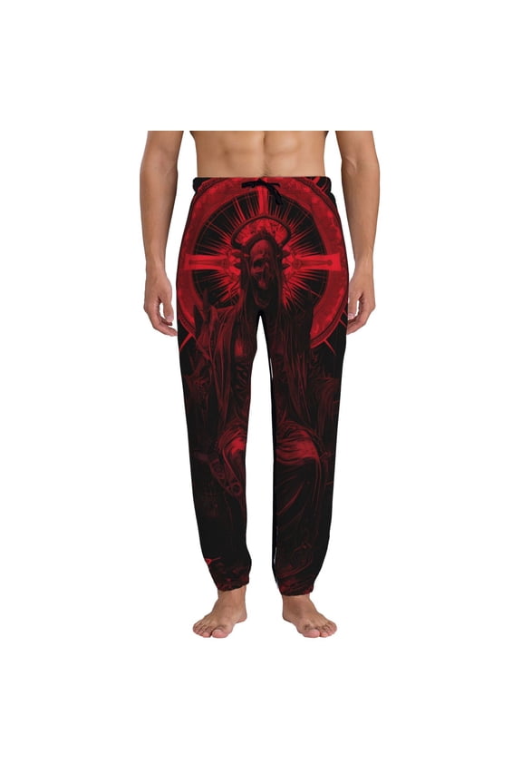 Red Gothic Skeleton Throne Print Active Tech Joggers for Men, Mens Sweatpants Lounge Pants with Pockets-Large