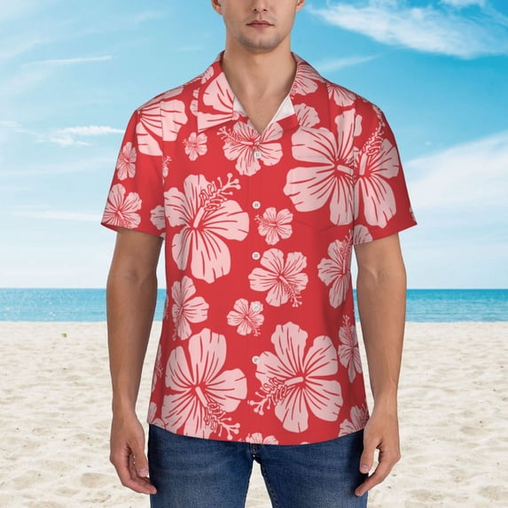 Xecao Red Hibiscus Flower print Hawaiian shirt - a stylish short-sleeve button-down for men, perfect for casual beach and tropical outings.