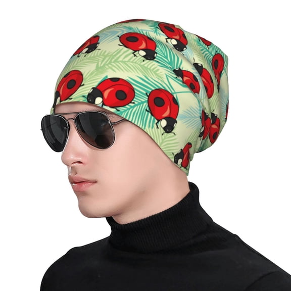 Xecao Red Ladybugs And Leaf Print Beanie Knitted Hat for Men Women, Winter Fashion Knit Cuffed Caps Unisex