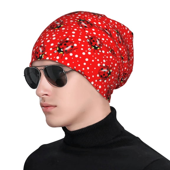 Xecao Red Ladybugs On White Dotted Print Beanie Knitted Hat for Men Women, Winter Fashion Knit Cuffed Caps Unisex