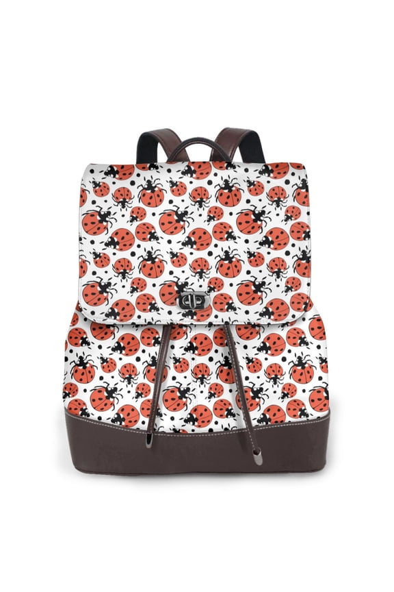 Red Ladybugs Print Large Backpack Soft Leather for Women Travel with Compartment, Adjustable Convertible Strap