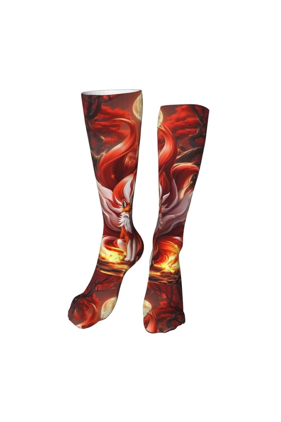 Red Leaf Flame Fox Print Calf Socks Seamless Toe, Knee High Long Socks, Sports Socks Trouser Socks for Women and Men-One Size