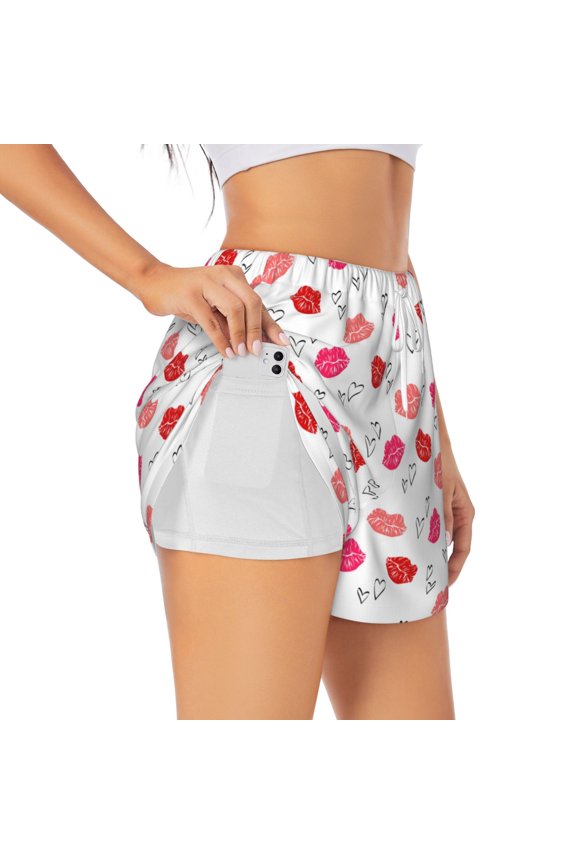 Red Lips 1 for Double-layer Running Short for Women, Perfect for Gym, Tennis, and More, Featuring a Convenient Pocket-X-Large