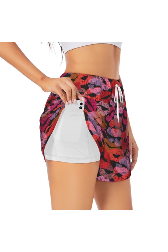 Red Lips Kissing for Double-layer Running Short for Women, Perfect for Gym, Tennis, and More, Featuring a Convenient Pocket-Medium