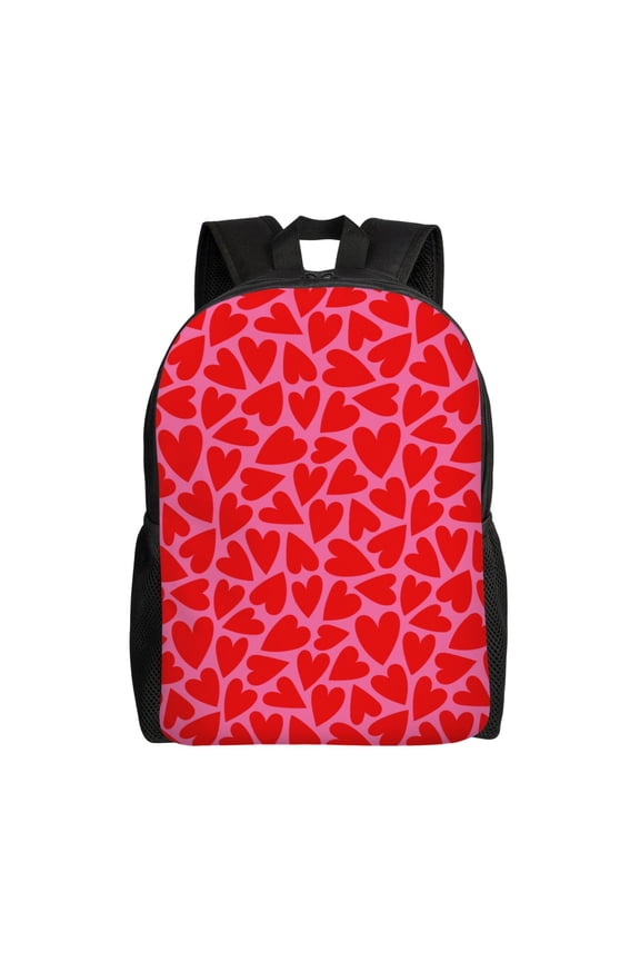 Red Love Heart Print School Backpack with Laptop Compartment Small Travel Laptop Backpack for Women Men Waterproof College Backpack Simple School Bag