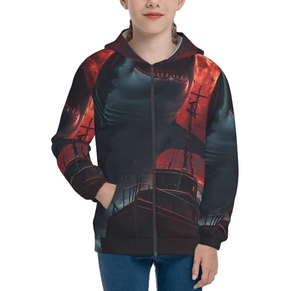 Xecao Red Moon Shark Sailboat Pattern Zip Up Hoodies for Boys Girls, Sweatshirt with Pockets-Medium